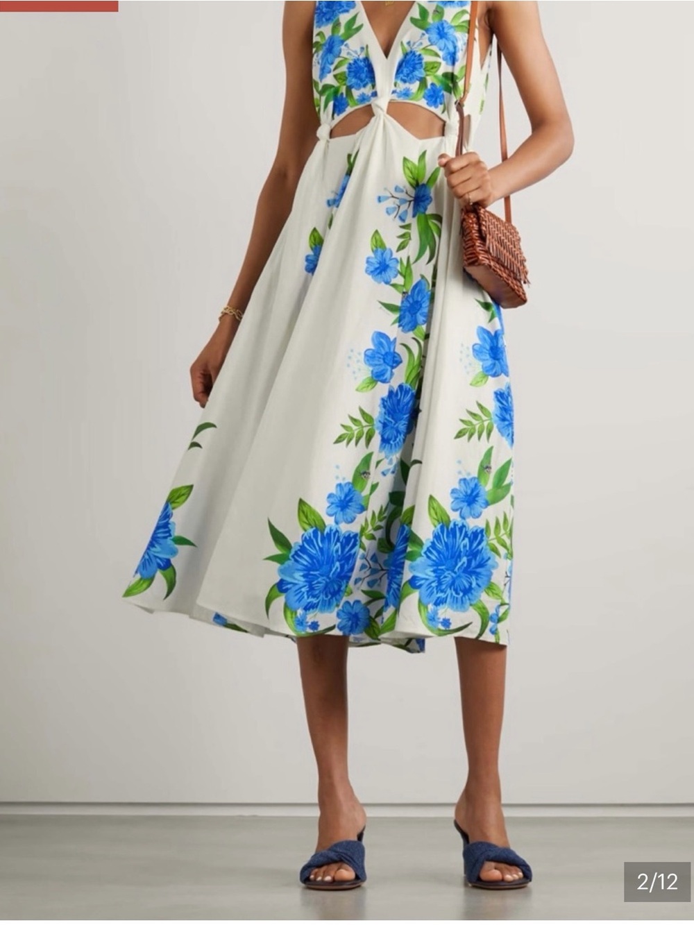 FARM Rio White Floral Midi Dress with Blue & Green Blooms